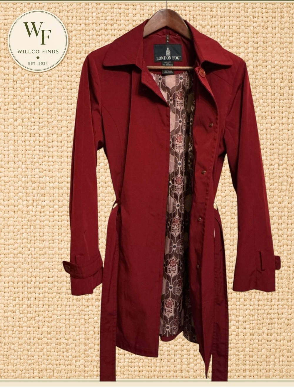 London Fog Women’s M Red Belted Trench Coat Raincoat Patterned Lining